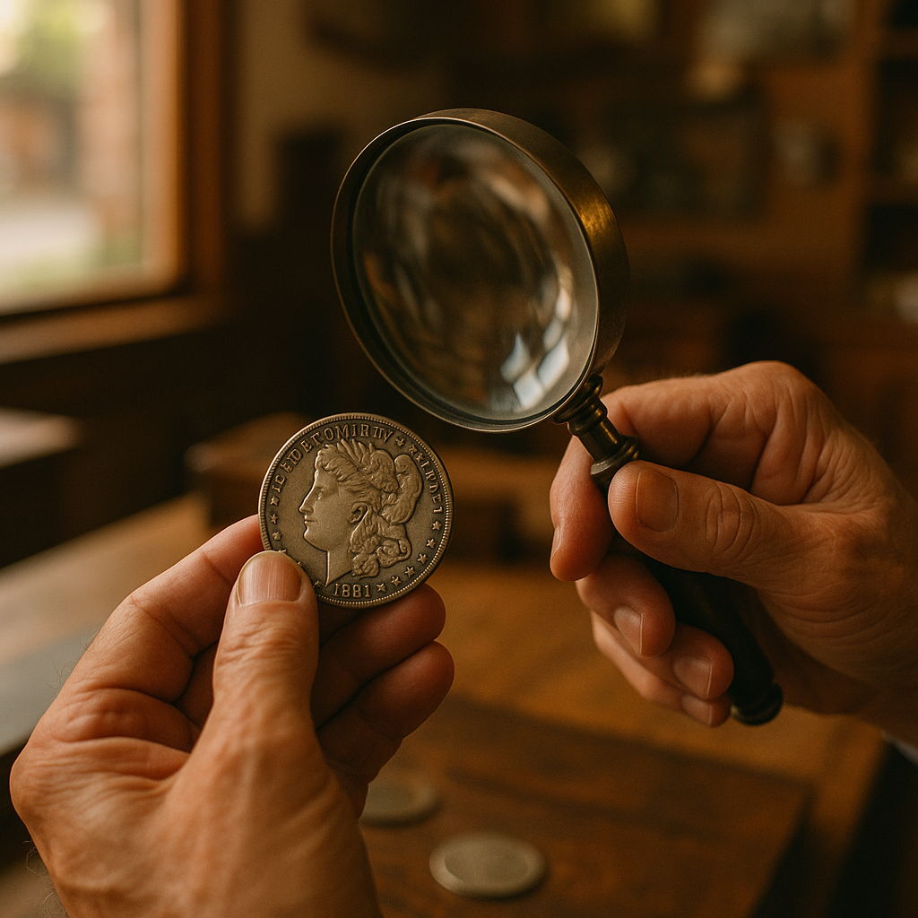 Close-up of expert hands carefully examining an antique coin, highlighting authenticity and expert service.