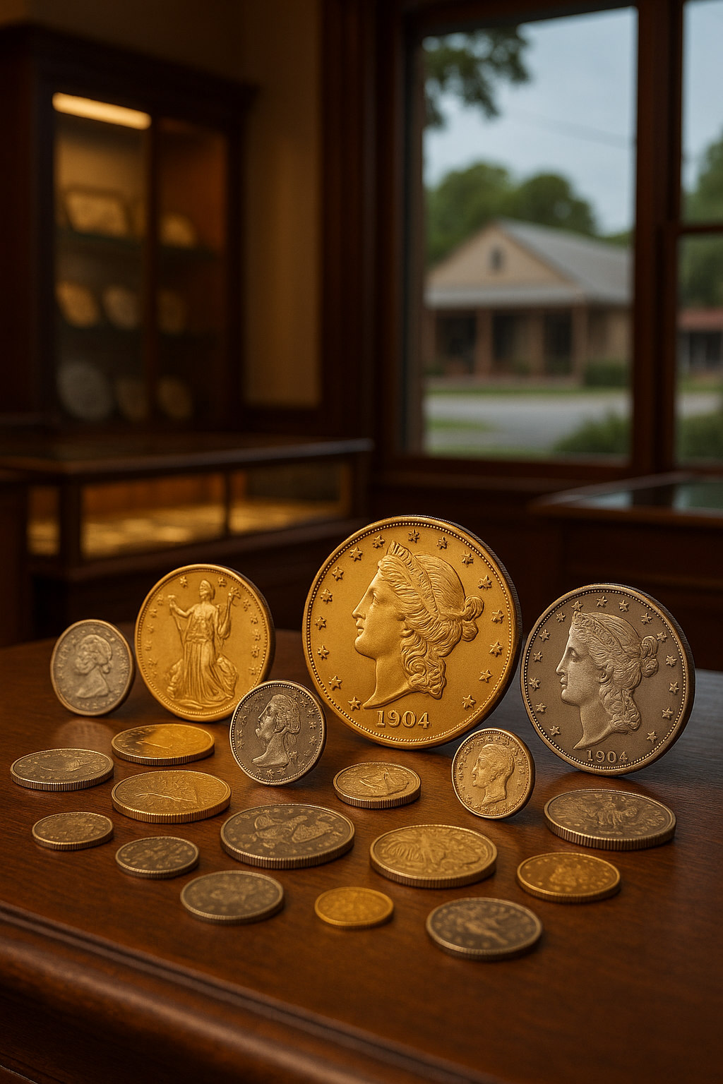 Display of a diverse collection of rare and valuable coins shimmering under soft light, inviting collectors to explore.