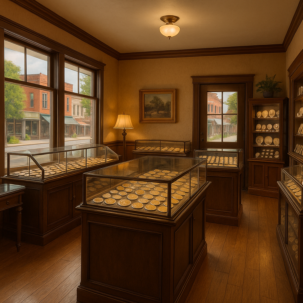 A welcoming shop interior filled with glass cabinets showcasing an extensive variety of rare and valuable coins.