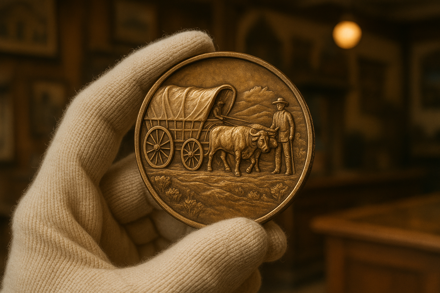 Close-up of a vintage rare coin held by a gloved hand, highlighting intricate details and craftsmanship for serious coin enthusiasts.