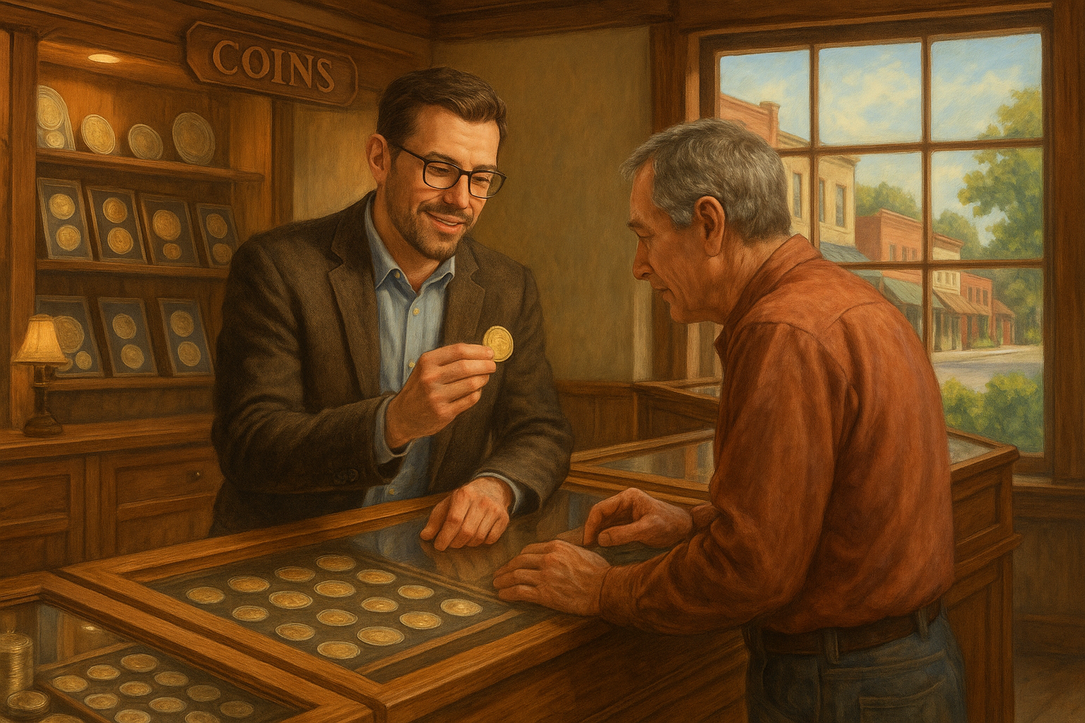 A confident and knowledgeable coin expert assisting a customer, emphasizing personalized service and expert guidance.