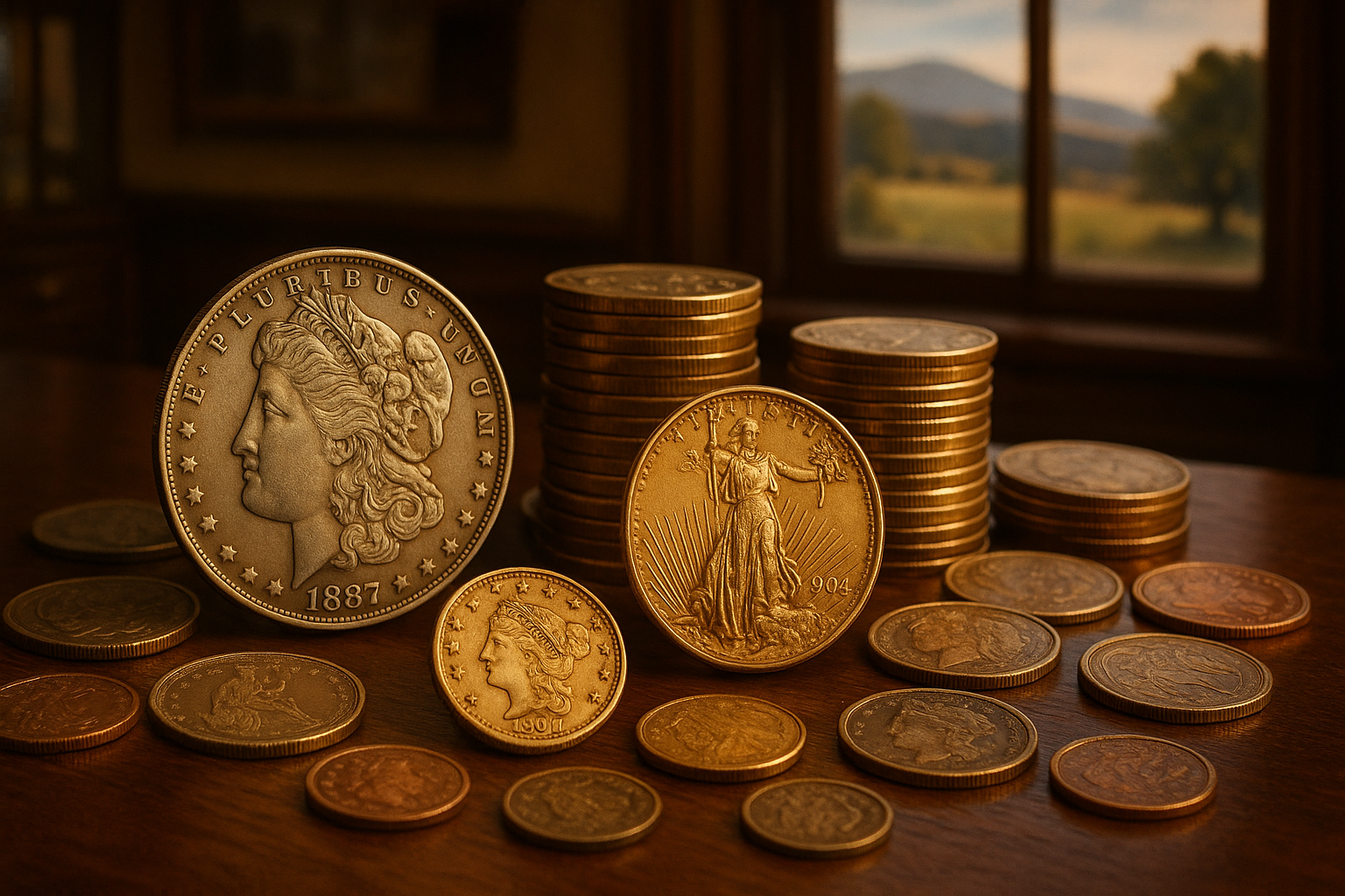 Display of a beautifully arranged collection of rare coins shining under soft light, inviting collectors to explore unique treasures.