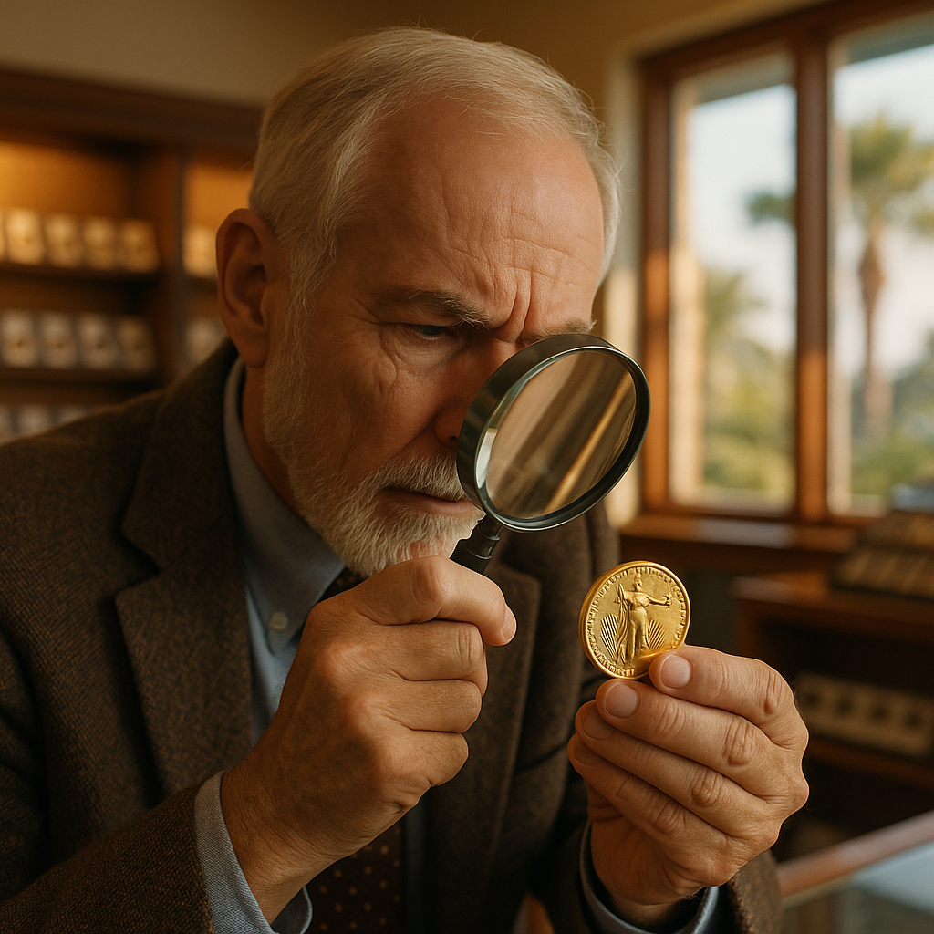 Expert appraiser examining a valuable coin, highlighting Gulf County Rare Coins' trusted appraisal services for collectors.