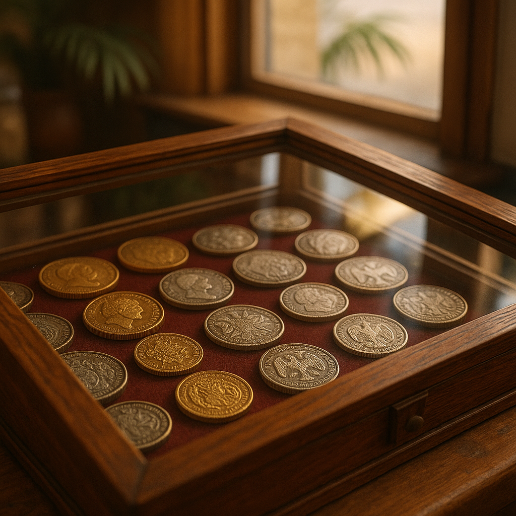 Close-up of a rare coin collection displayed elegantly, enticing visitors to discover diverse and valuable coins in the shop.