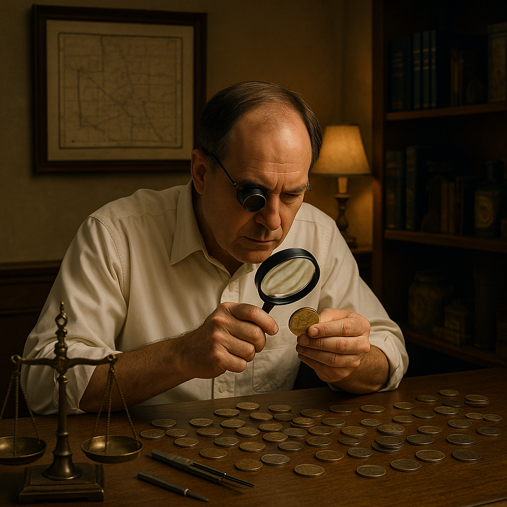 Expert appraiser examining a rare coin with a magnifying glass, highlighting trusted authenticity services.