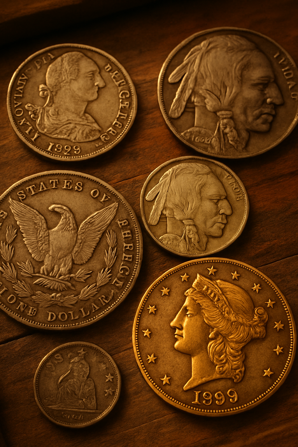 Close-up image of a collection of rare coins showcasing intricate details and varying historical designs.