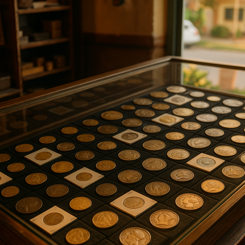 Display case filled with diverse rare coins available for collectors and investors at Hardee County Rare Coins.