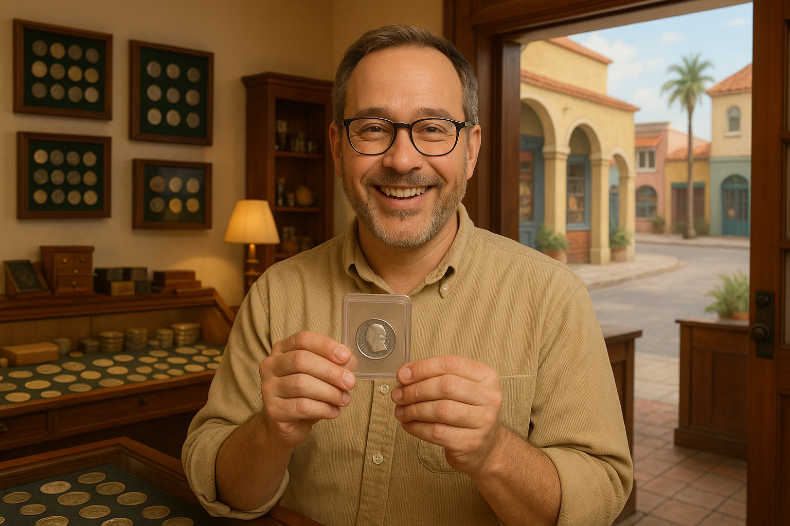 Happy collector holding a rare coin, symbolizing personalized service and satisfaction in rare coin collecting.