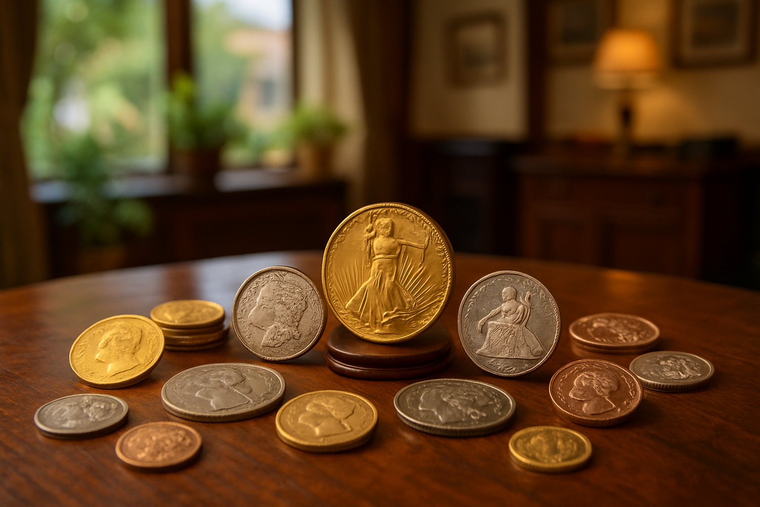 Display of assorted rare coins arranged elegantly, inviting collectors to explore diverse treasures.