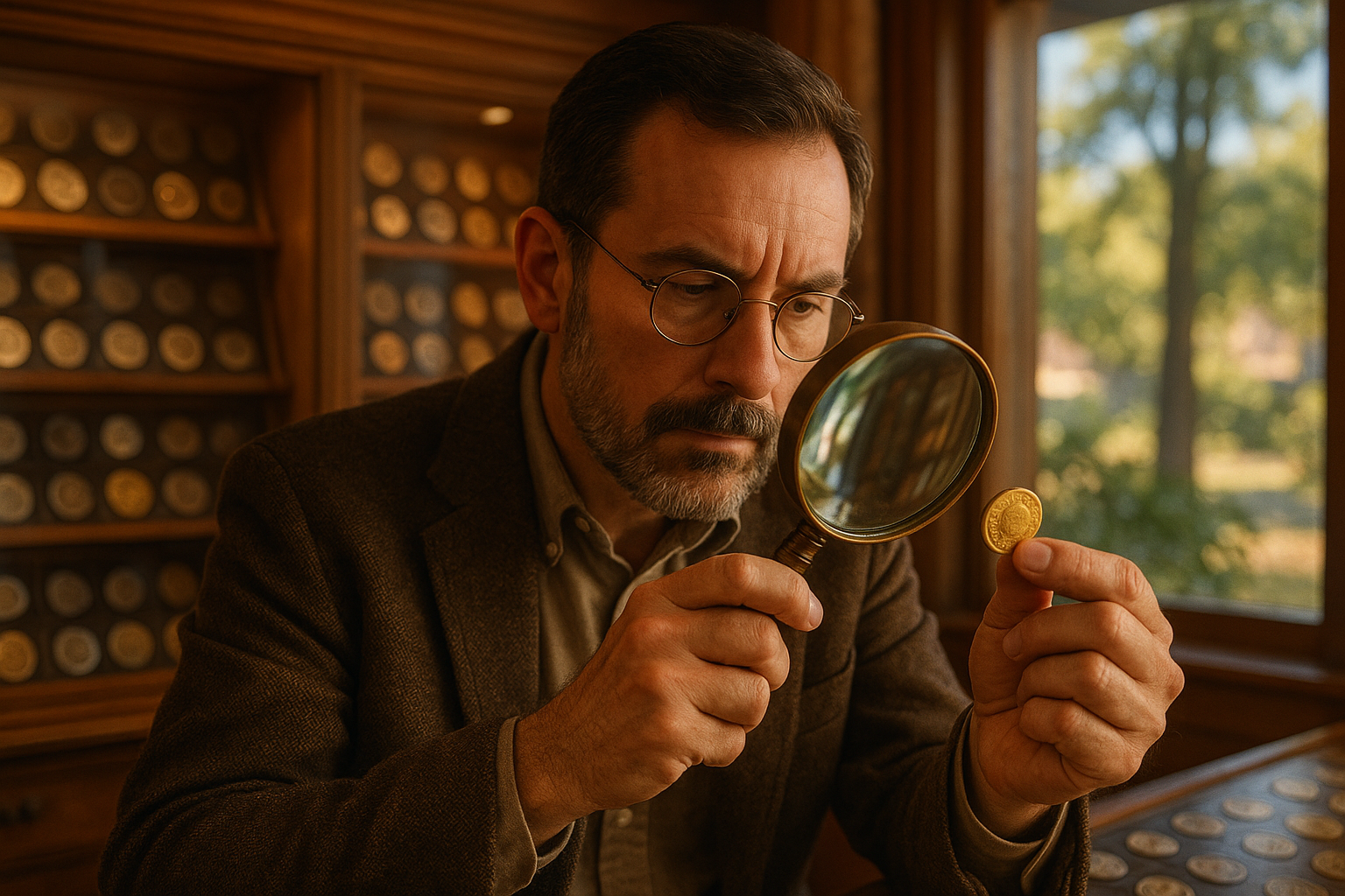 Expert appraiser examining a precious coin, symbolizing reliable guidance and authenticity at Hernando County's coin shop.
