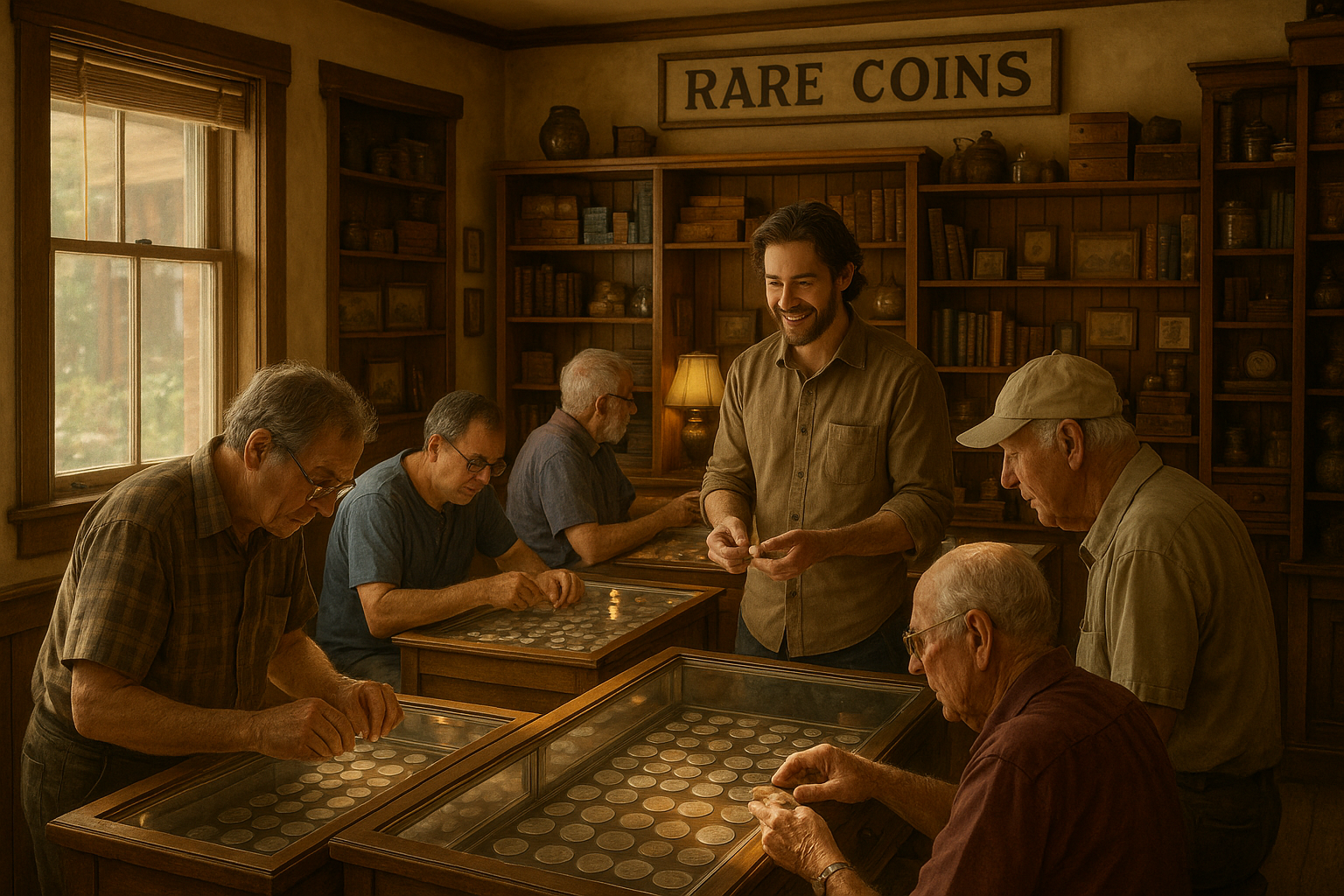Invitation banner with collectors browsing a rare coin shop, encouraging visitors to discover unique coins and start or enrich their collection.