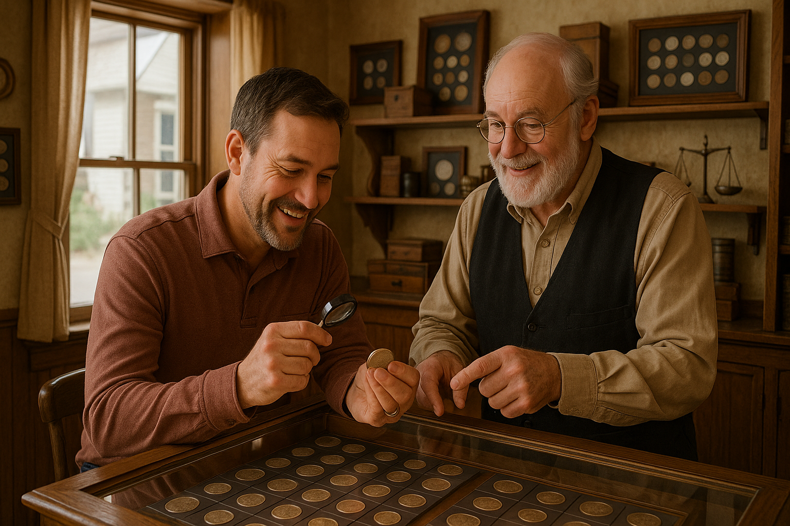 Happy customer exploring unique coin treasures with expert guidance at Holmes County coin shop.