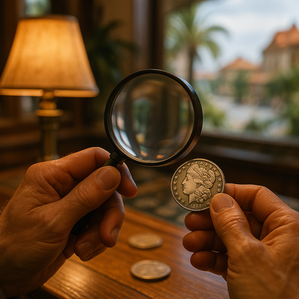 Hands carefully examining a rare coin with a magnifying glass, emphasizing expert guidance and authenticity in our shop.