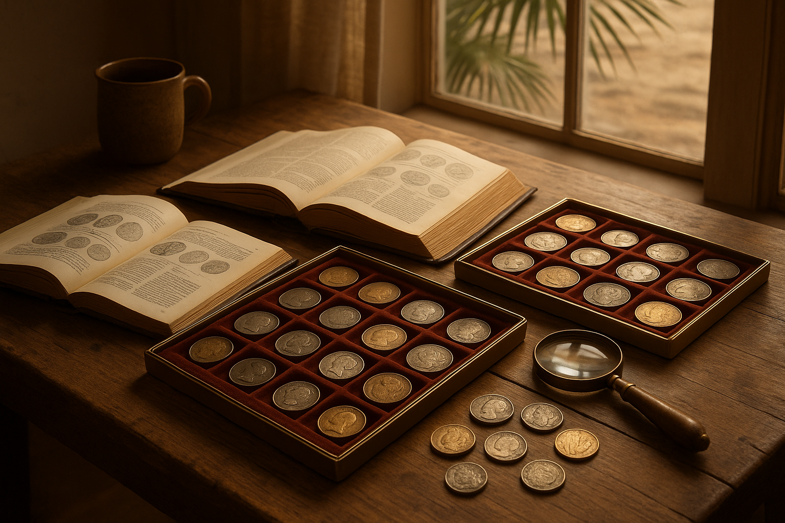 Collector's table with neatly organized rare coins and reference books, inspiring both beginners and seasoned collectors to discover exceptional finds.