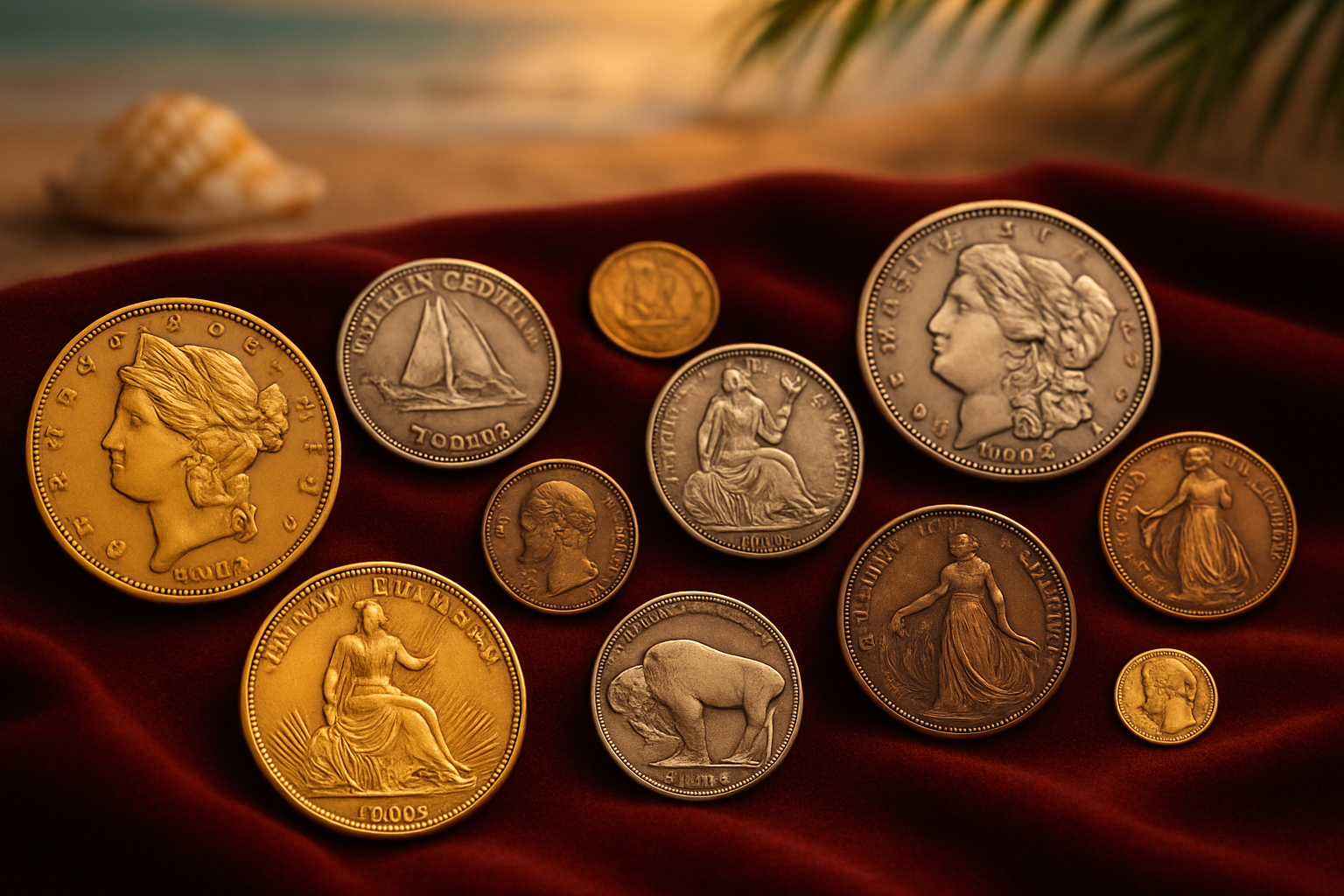 A diverse array of rare coins displayed on a velvet cloth, inviting collectors to explore unique treasures in Martin County.