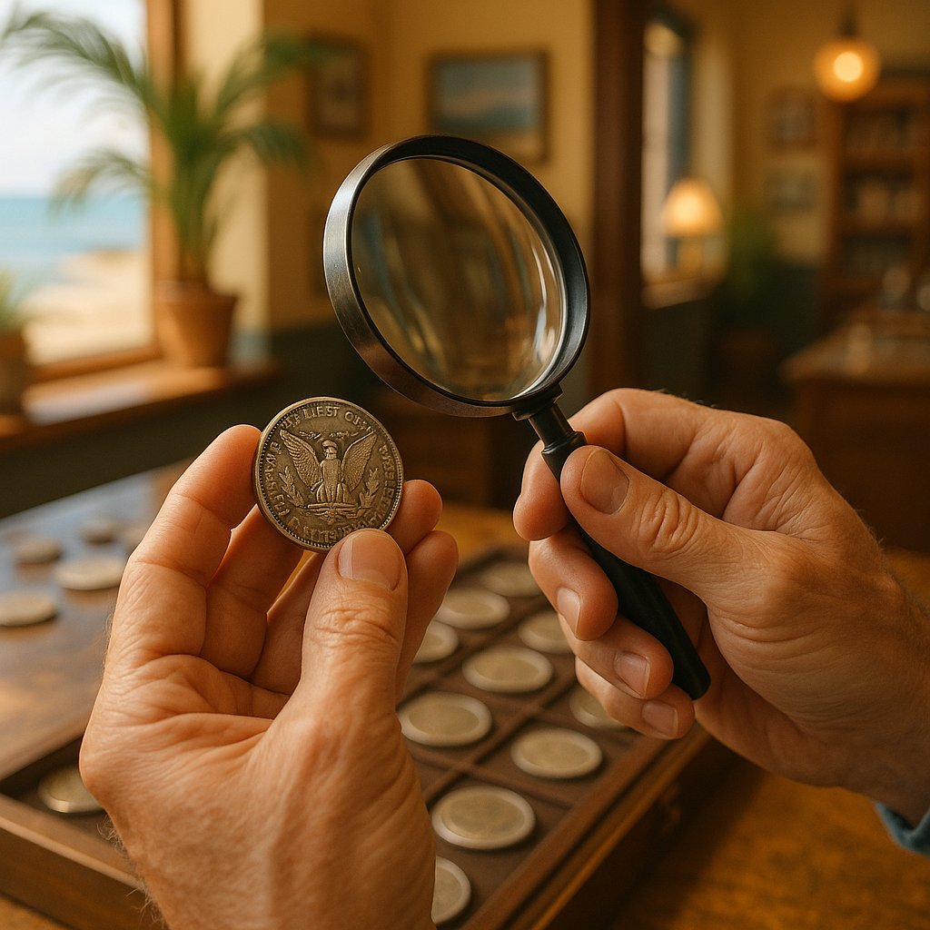 Hands examining a rare coin with a magnifying glass, emphasizing expert appraisal services offered to collectors of all levels.