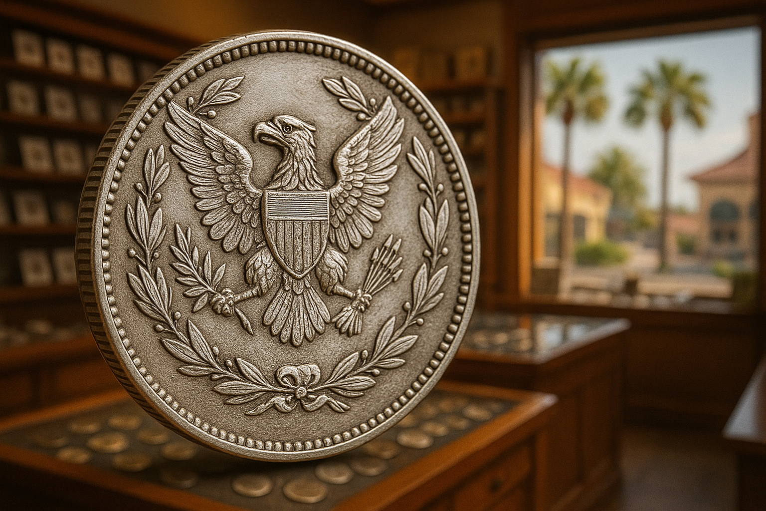 Close-up of a rare silver coin showcasing intricate engravings, inviting collectors to explore unique treasures.