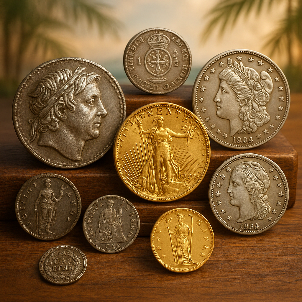 Display of diverse rare coins from various eras, highlighting the extensive collection available at Okaloosa County's trusted coin shop.