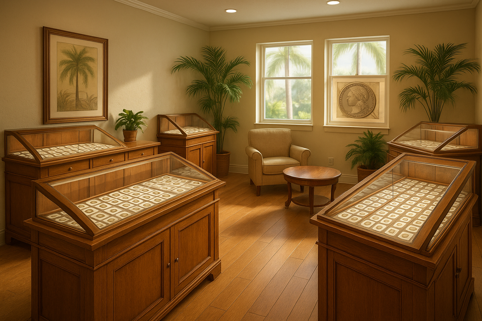 Welcoming interior of a Florida-based rare coin shop, inviting visitors to discover exceptional coins and start or grow their collection.