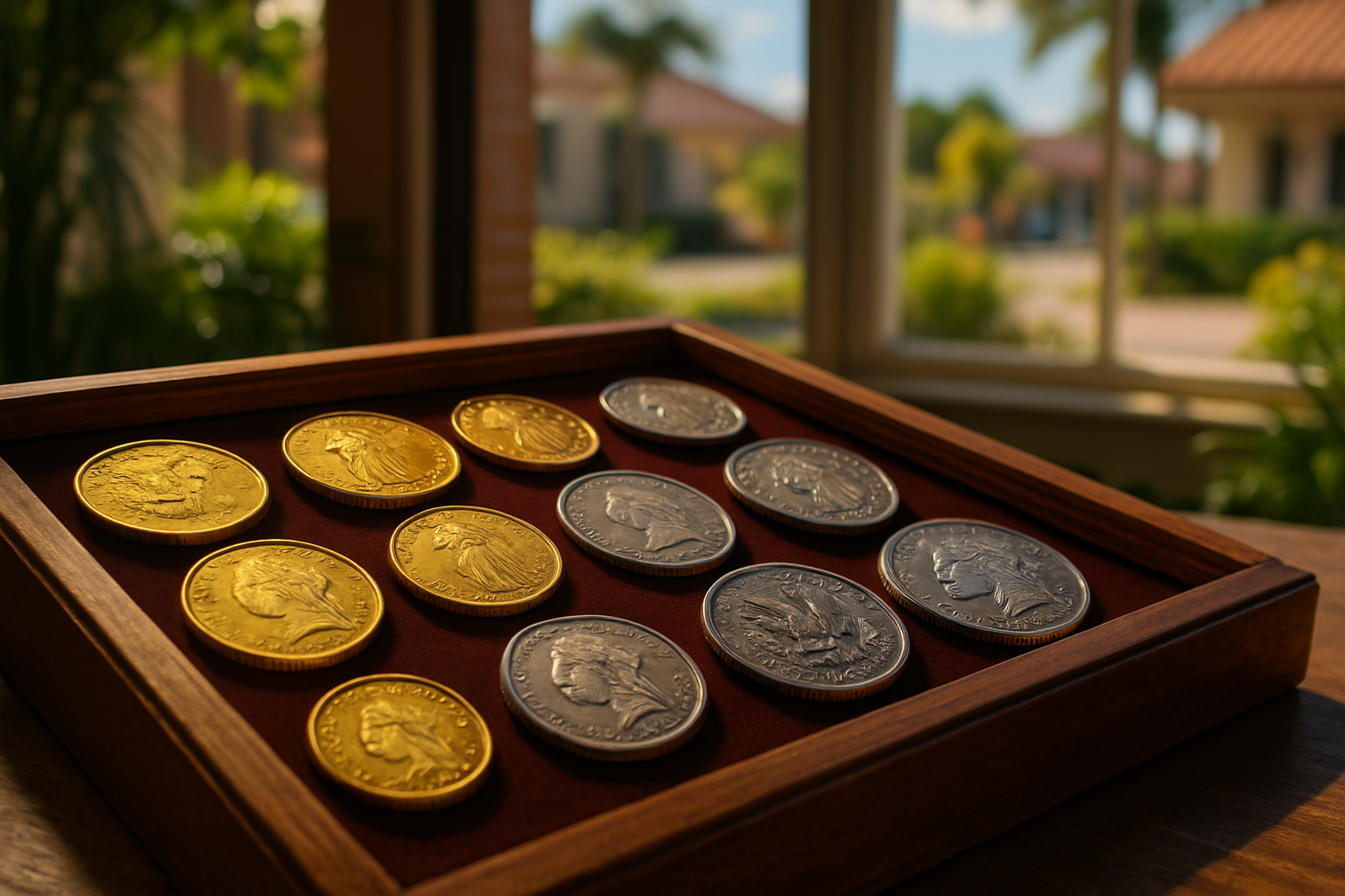 Beautifully displayed gold and silver coins collection, inviting collectors to explore unique treasures.