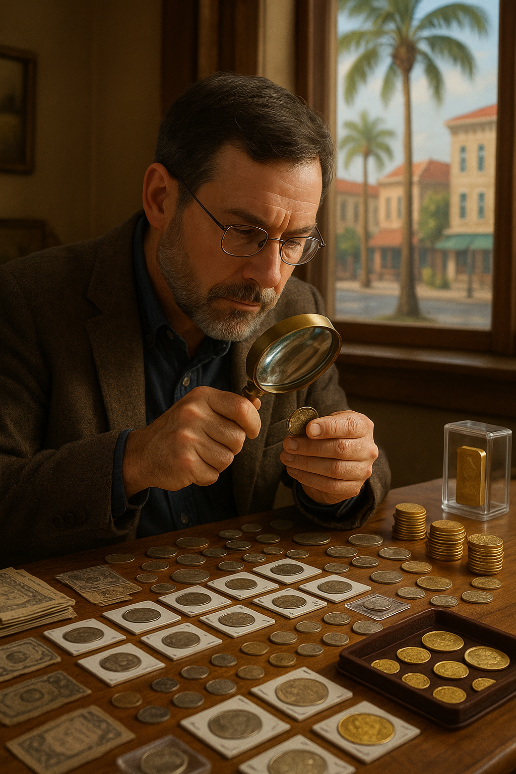 Expert numismatist examining rare coins carefully, highlighting trust and expertise at Charlotte County Rare Coins.