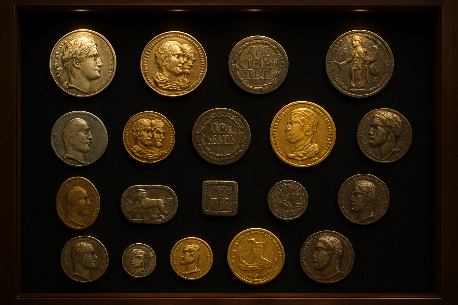 A curated display of rare and historic coins, perfect for collectors of all experience levels.