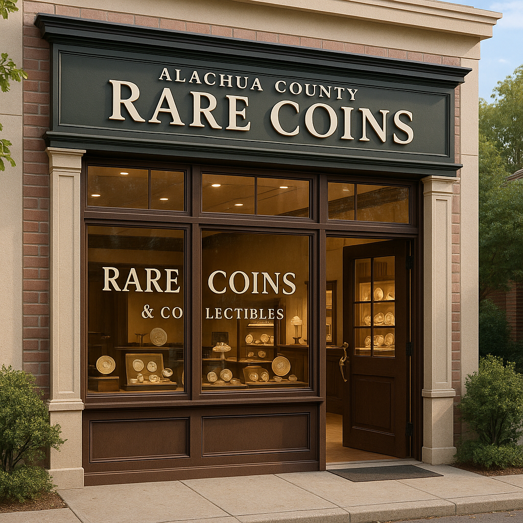 Showcase of Alachua County's premier rare coin shop exterior inviting collectors inside