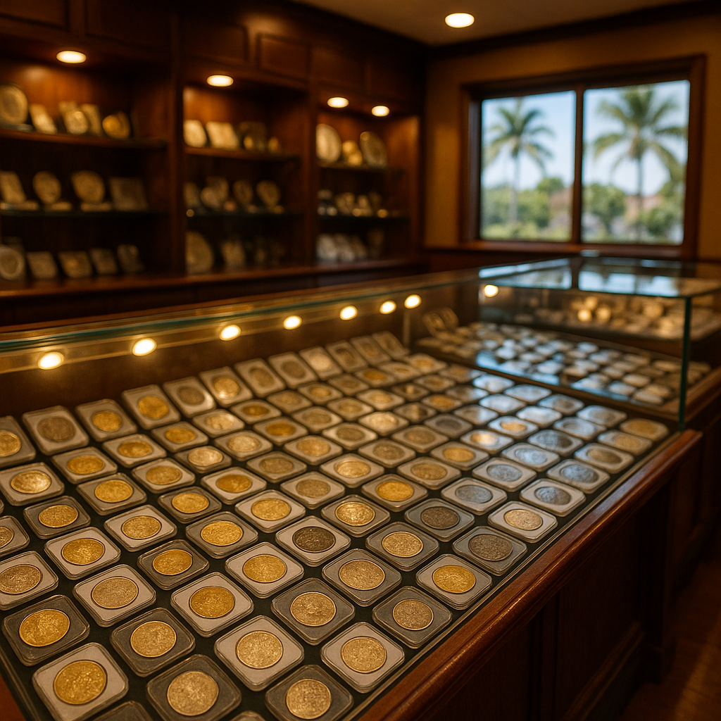 Display case showcasing a wide selection of rare and valuable collectible coins