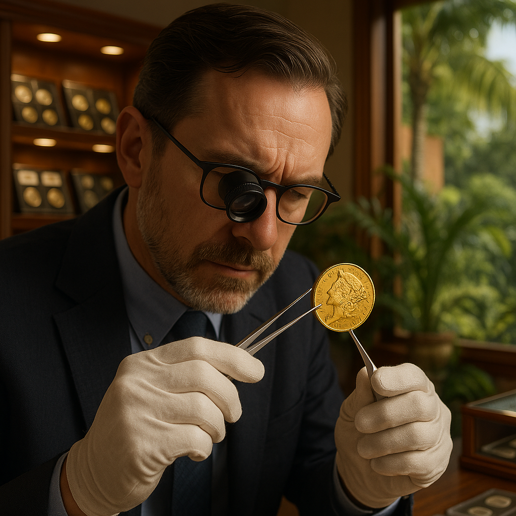 Close-up of an expert appraising a rare gold coin at our Collier County shop