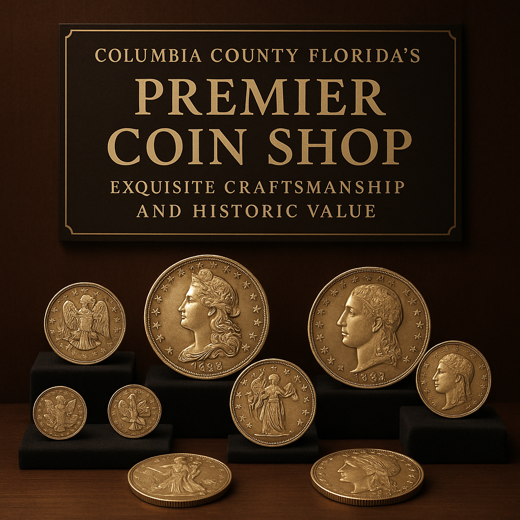 Display of rare and unique coins available at Columbia County Florida's premier coin shop, showcasing exquisite craftsmanship and historic value.