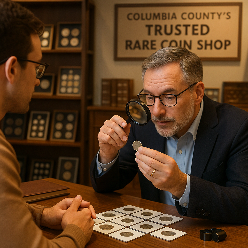 Expert coin appraisal session highlighting personalized guidance for collectors at Columbia County's trusted rare coin shop.