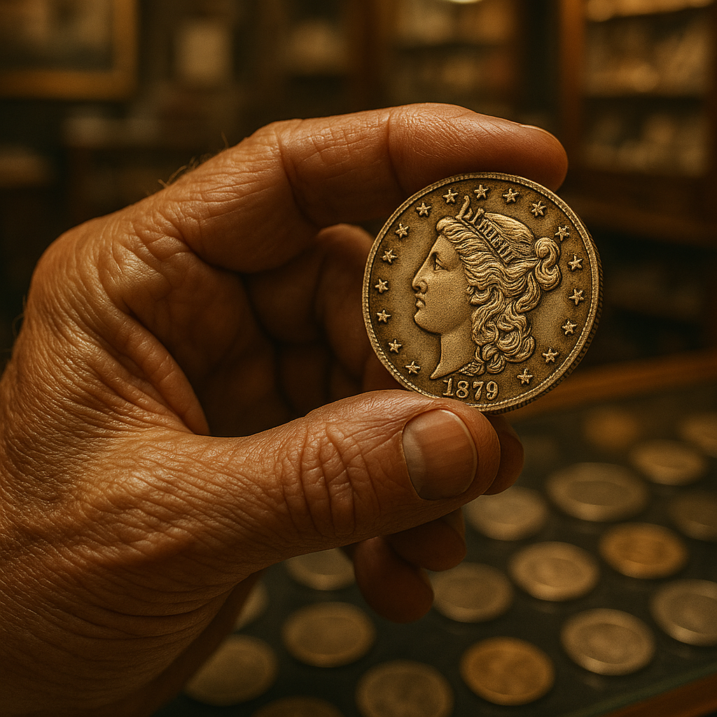 Close-up of a collector's hand carefully examining a valuable rare coin, representing the dedication and passion found at Columbia County's top coin shop.