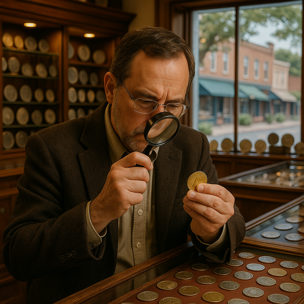 Expert appraiser examining a rare coin with precision and care in a trusted numismatic shop.