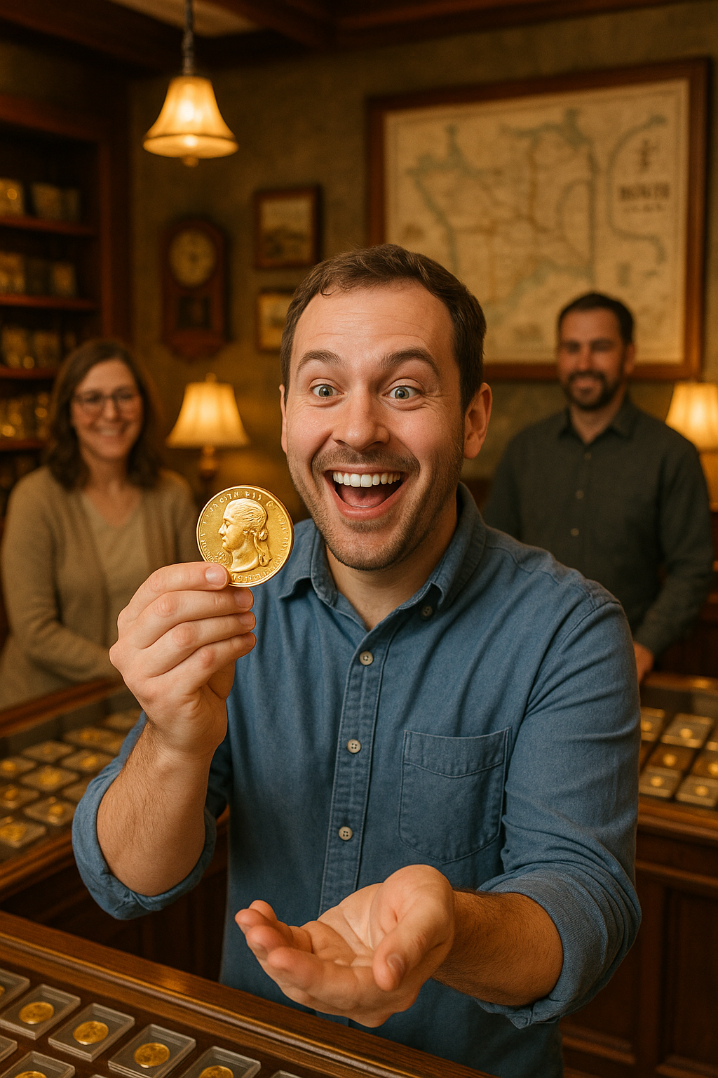 Happy customer holding a valuable collectible coin, beginning their rewarding numismatic journey.