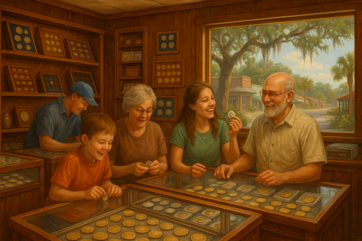 Happy coin enthusiasts exploring a vast collection of authentic and collectible coins at Dixie County's trusted coin shop.