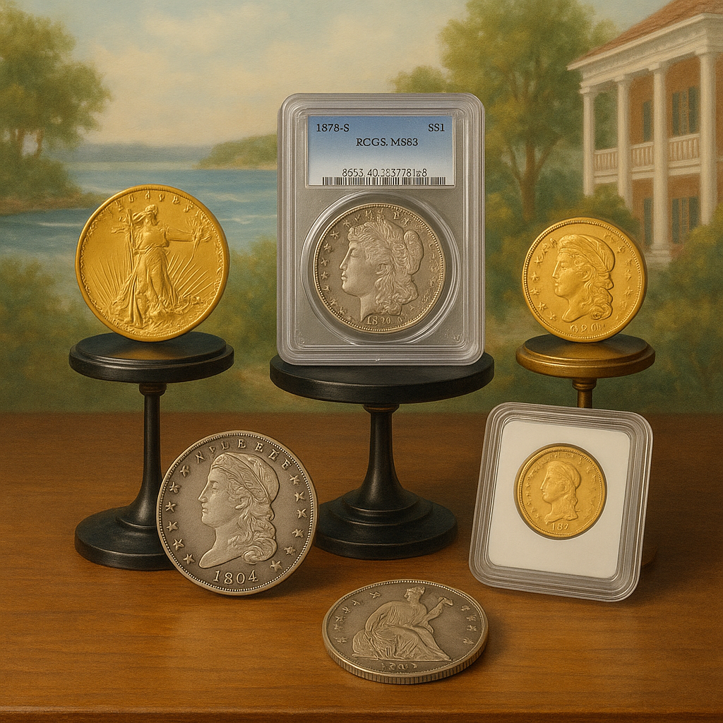 Showcase of rare and valuable coins from Escambia County's trusted coin shop, perfect for collectors of all levels.