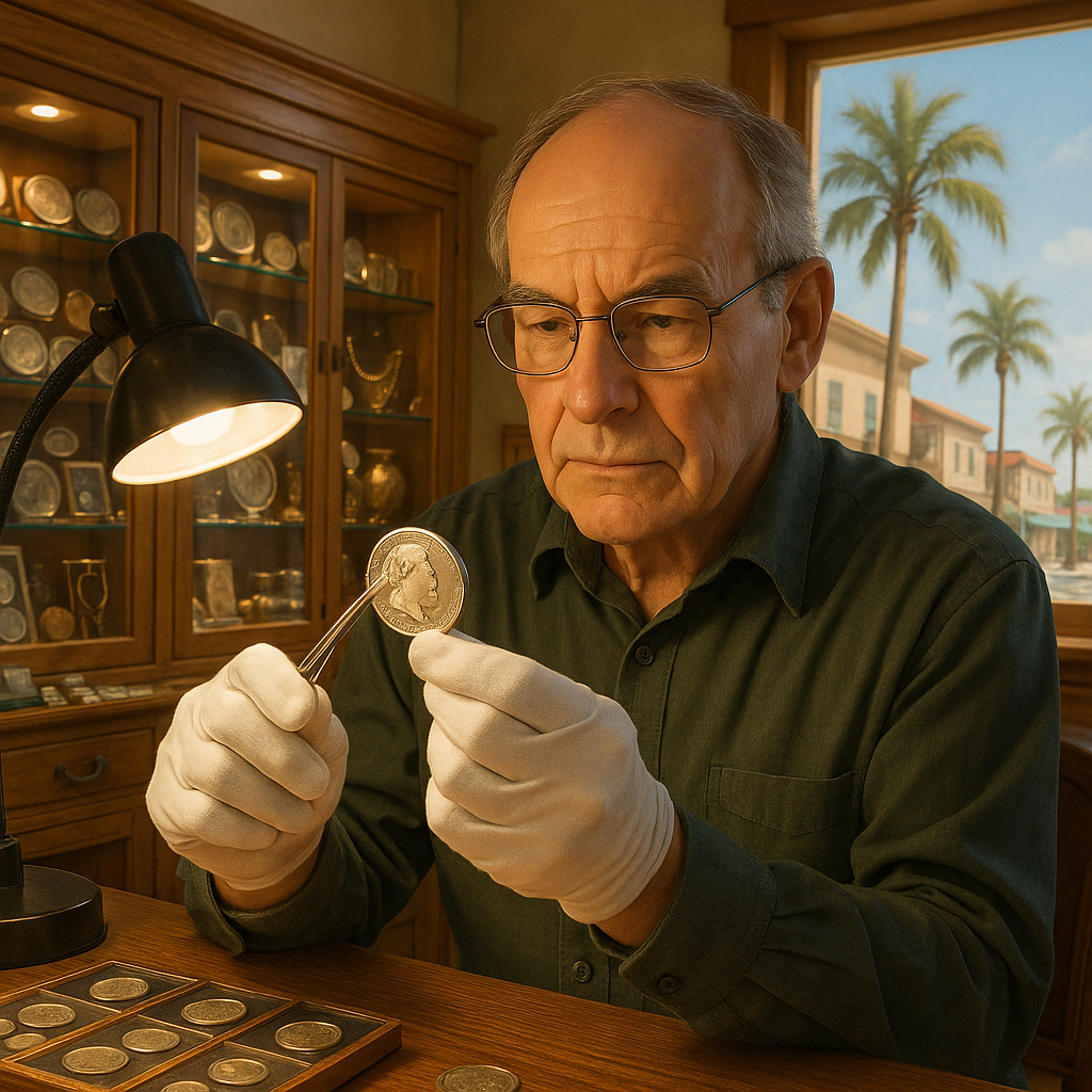 Experienced coin expert appraising a rare silver coin, representing the personalized service and expertise available at Flagler County's trusted coin shop.