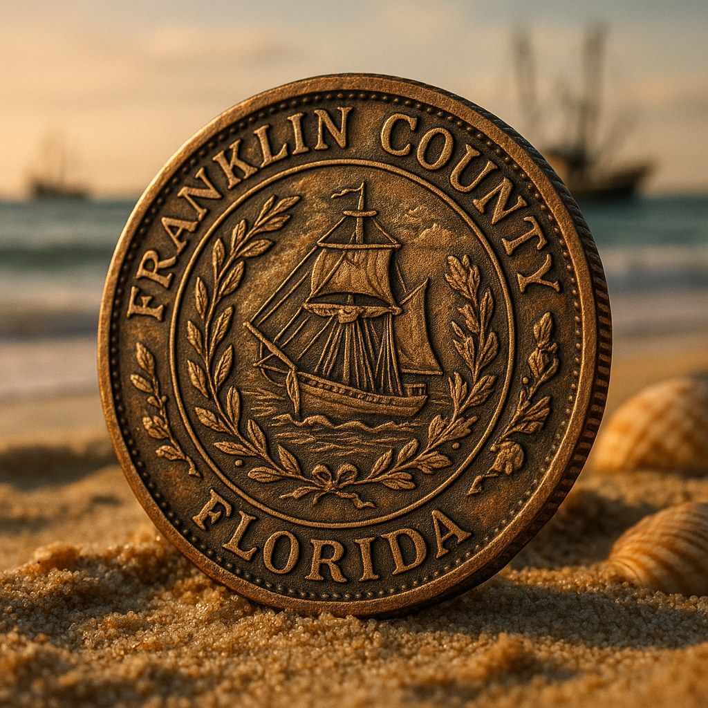 Close-up of a rare vintage coin showcasing intricate historical craftsmanship from Franklin County, Florida.