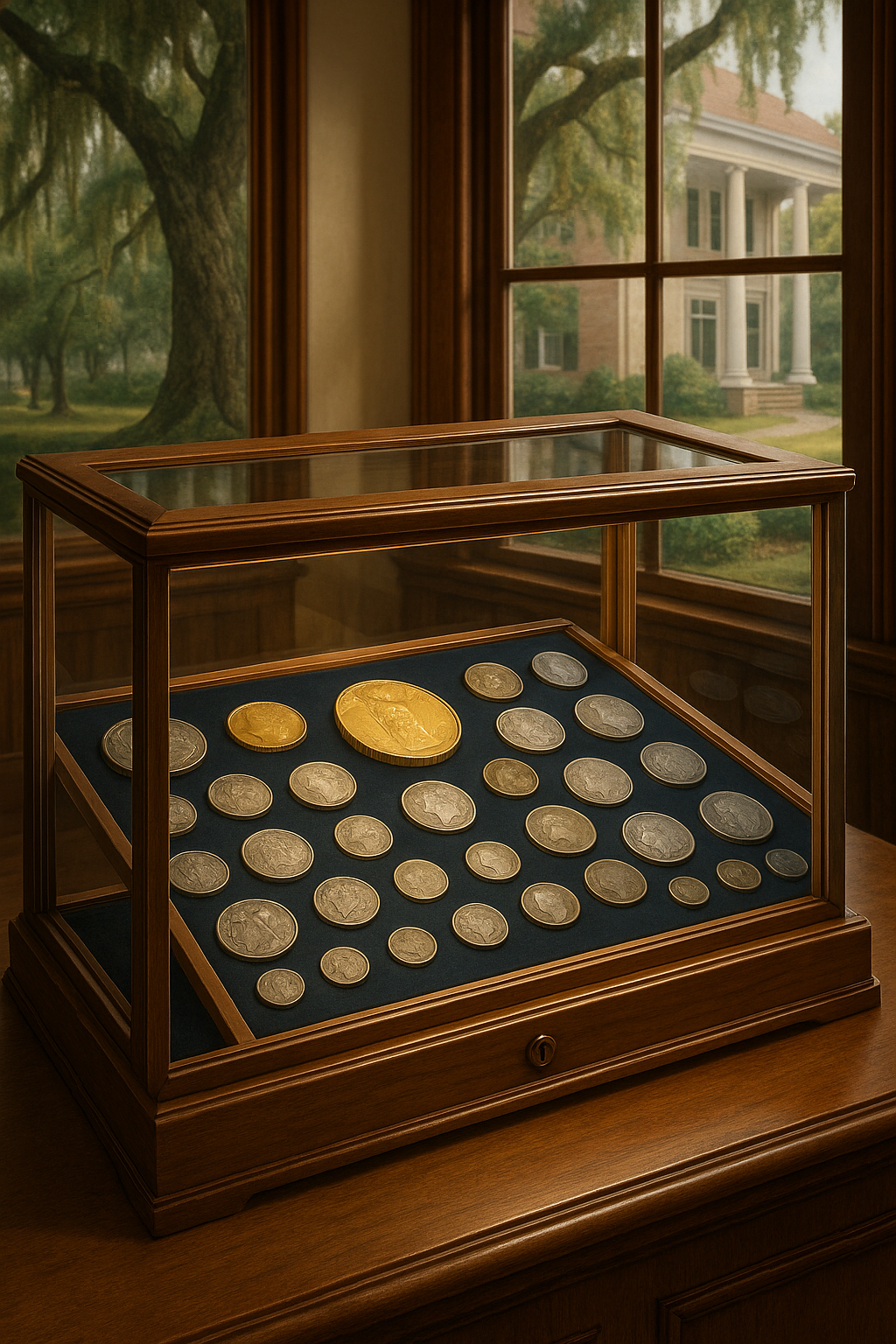 Display of diverse rare coins in a secure, elegant showcase inviting collectors to explore and invest in precious metals at Gadsden County's premier coin shop.