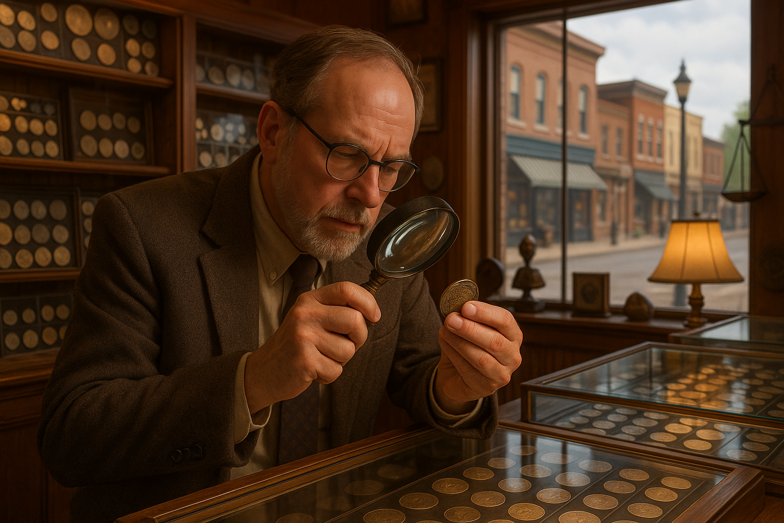 An expert coin appraiser examining a vintage coin, offering trusted guidance to collectors.