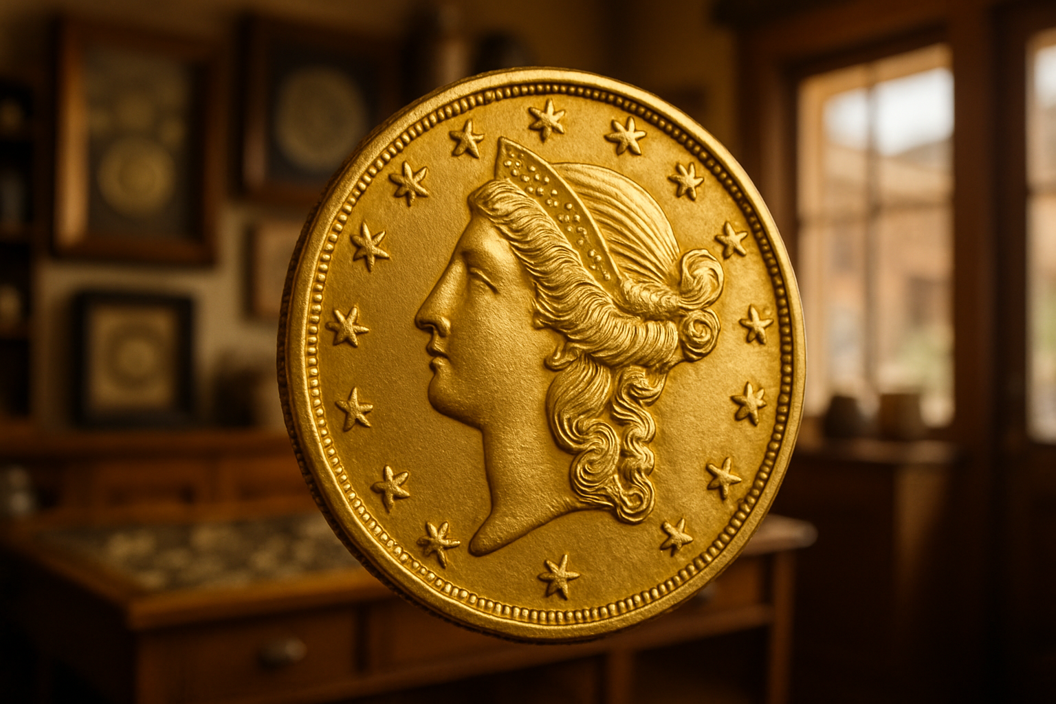 A close-up view of a rare, gold commemorative coin showcasing intricate details and craftsmanship.