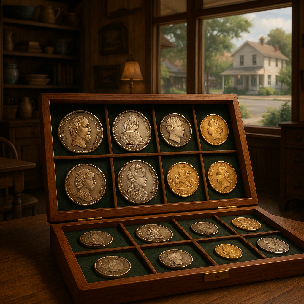 A curated display of diverse rare coins from different eras, perfect for collectors and investors.