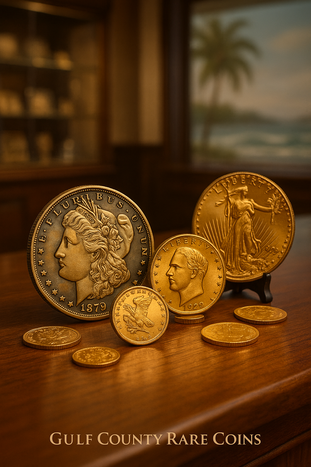 Display of a variety of rare and valuable coins arranged elegantly, highlighting the unparalleled selection at Gulf County Rare Coins.