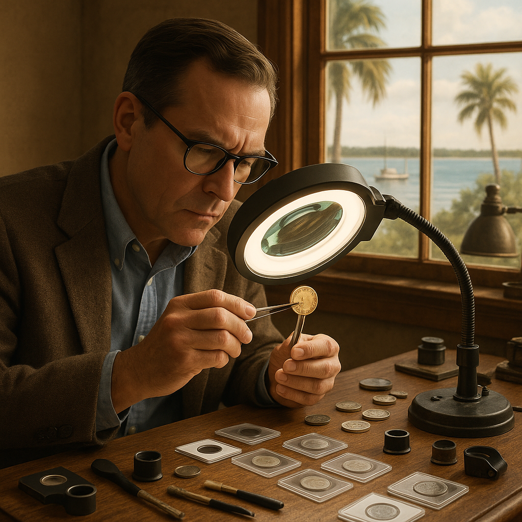 Expert appraiser examining a rare coin under magnification, representing the professional service offered at Gulf County Rare Coins.