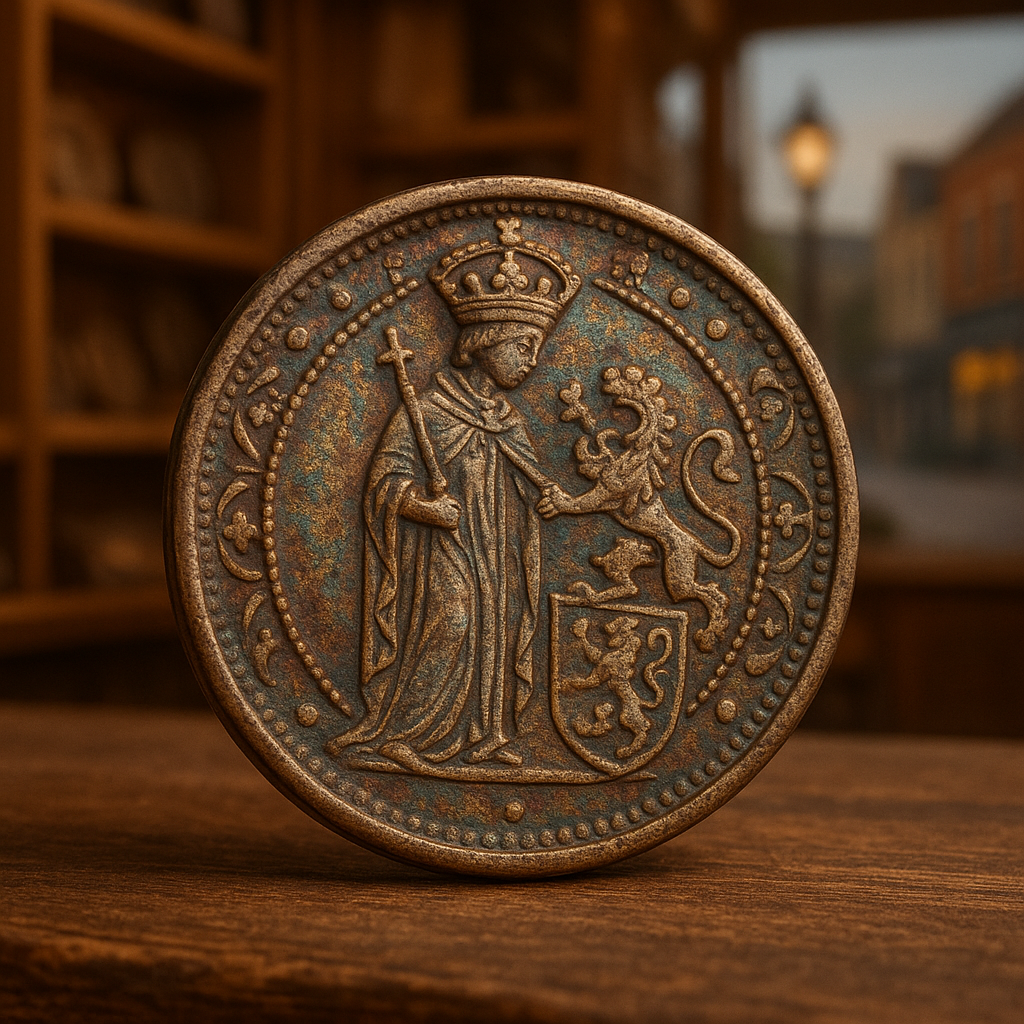 Close-up of a rare historic coin showcasing intricate designs and rich patina, highlighting its collectible value.