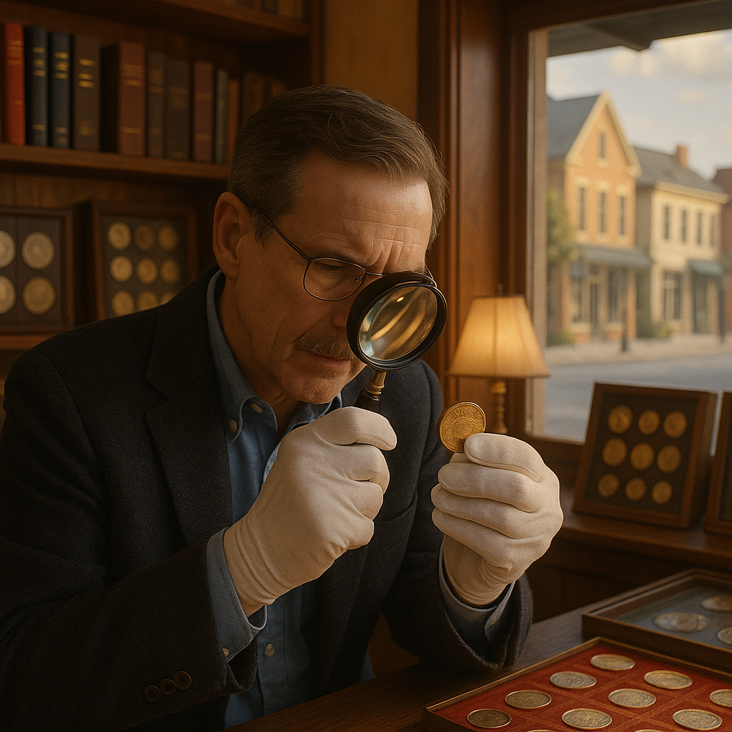 Expert appraiser examining a rare coin under magnification, ensuring accurate valuation and trusted service.