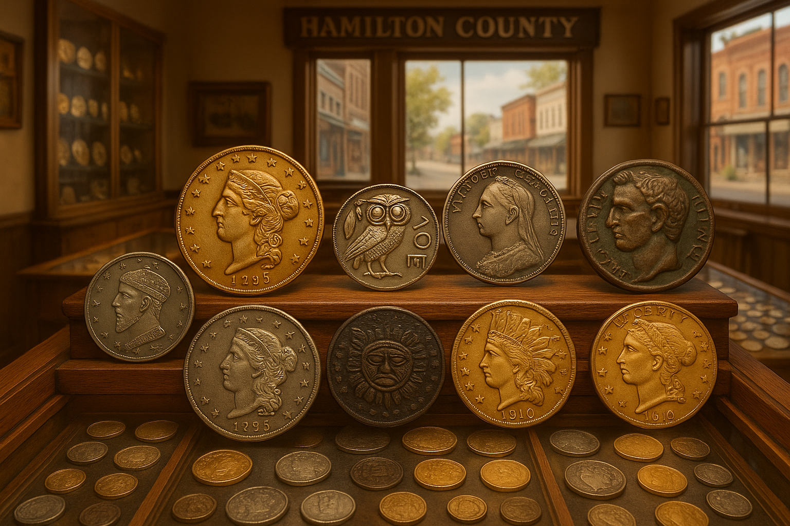 Display of diverse rare coins from various eras and origins, inviting collectors to buy, sell, and explore unique treasures.