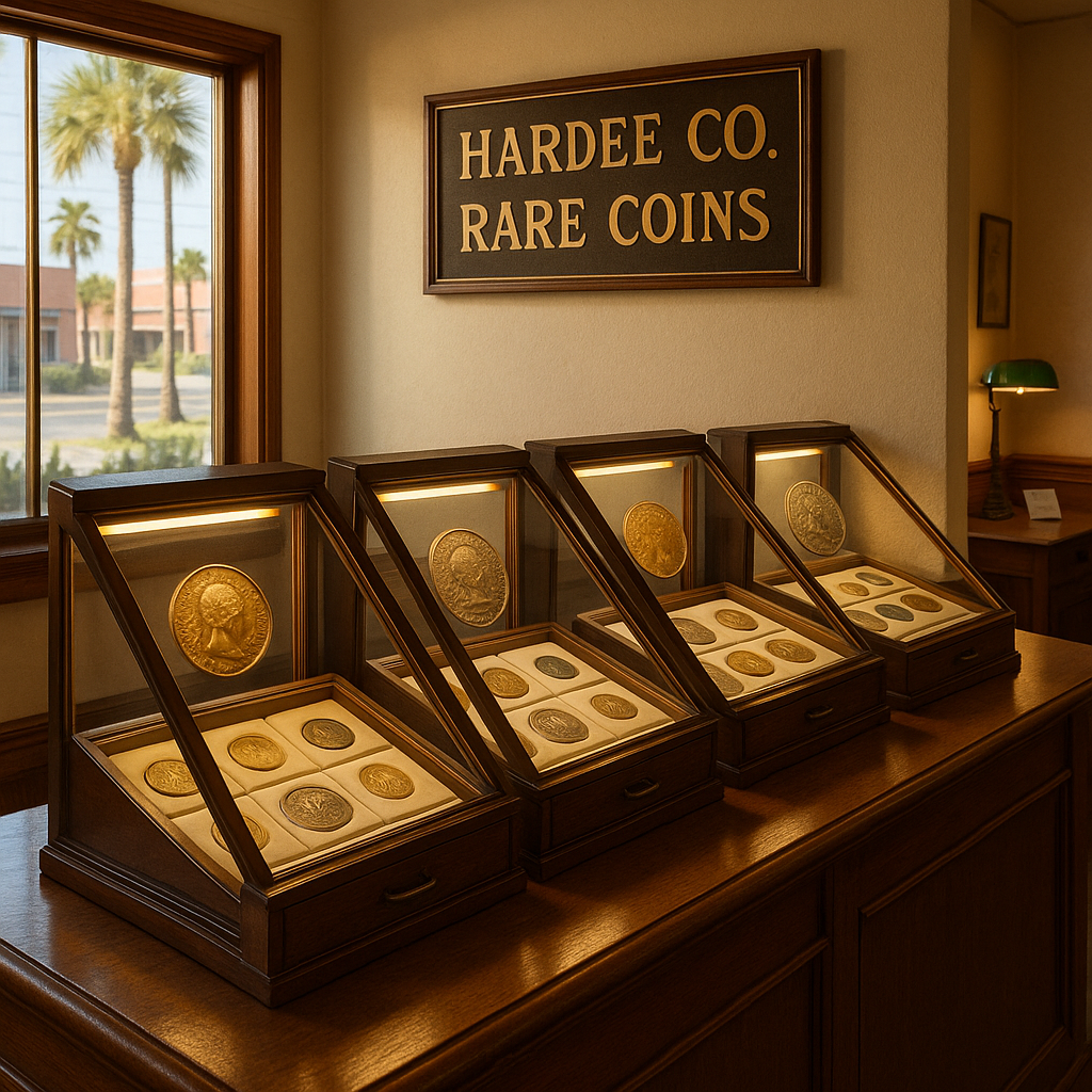 Display of diverse rare coins from various eras and origins, highlighting the unique collection available at Hardee County Rare Coins.