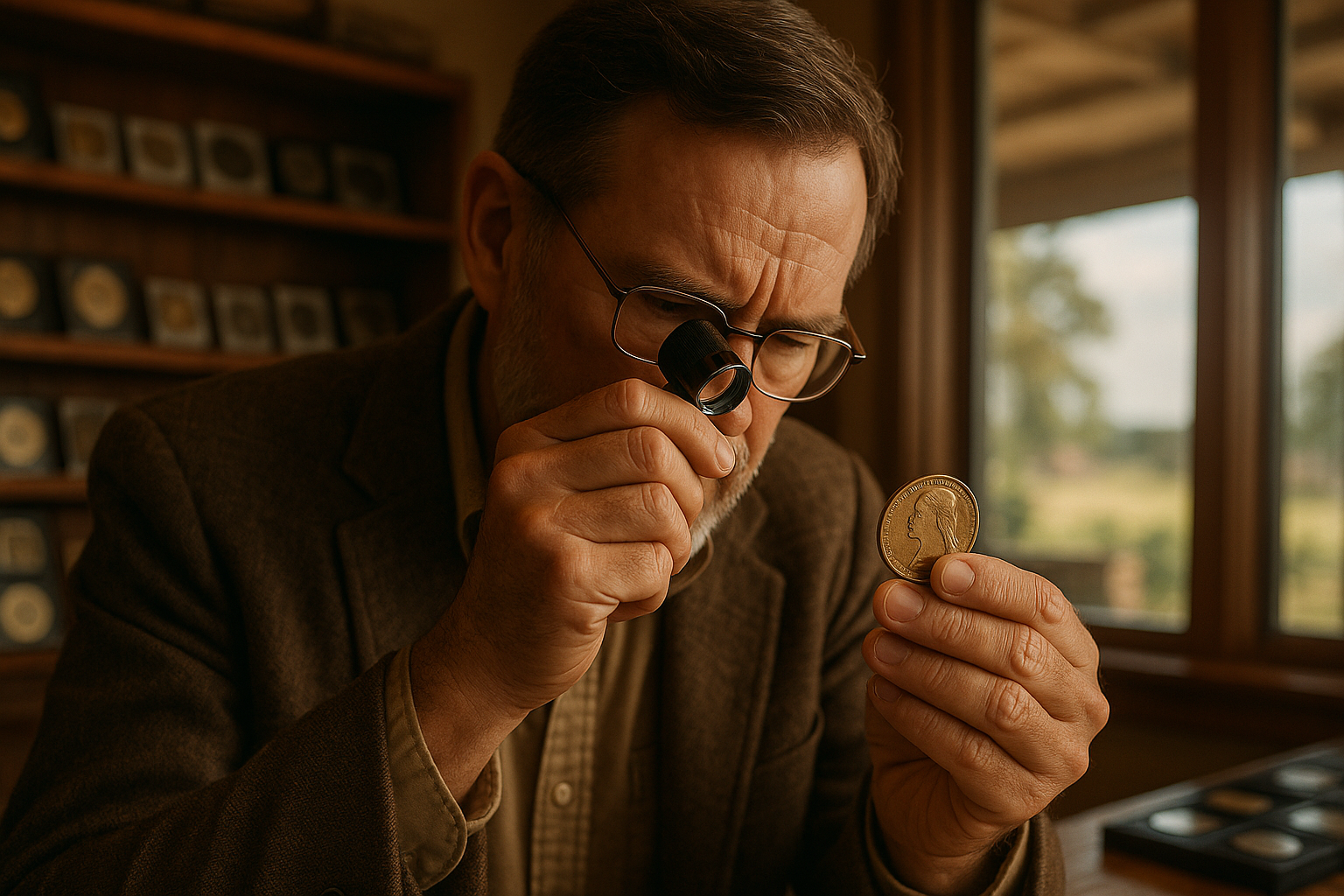 Expert appraiser examining a vintage rare coin under magnification, highlighting professional authenticity services.