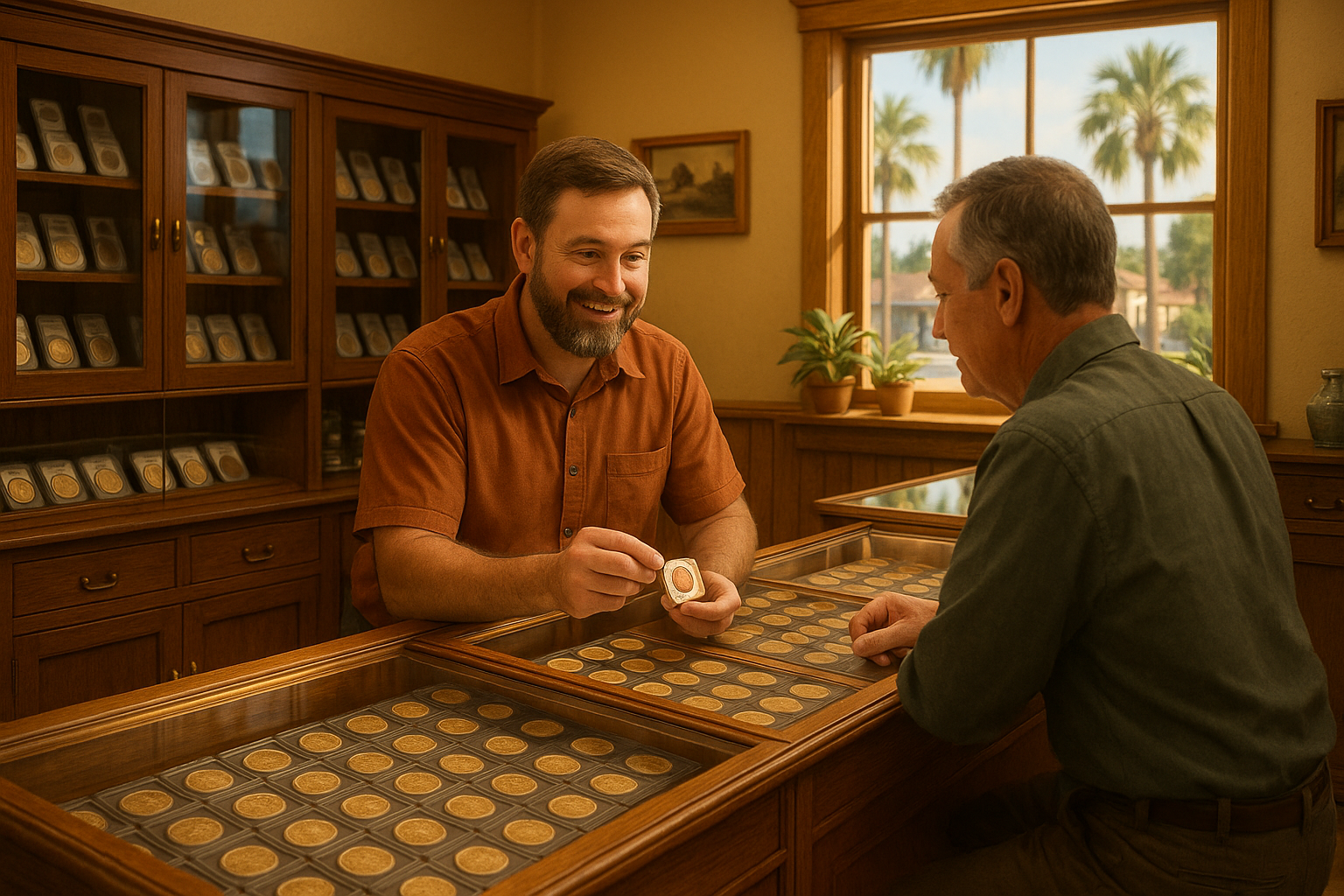 Friendly staff assisting a customer in the Hendry County rare coin shop, emphasizing personalized service and expert guidance.